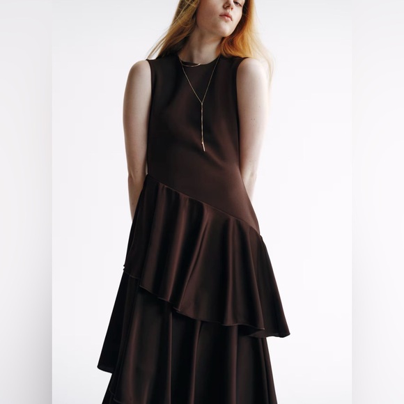 H&M Brown Ponte Dress Knit Top Layered Satin Frills  Size L NWT - Picture 2 of 5